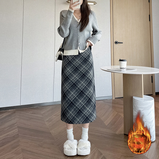 小慧姑娘XXS码小个子毛呢高腰加绒冬季显瘦格子中长款包臀半身裙