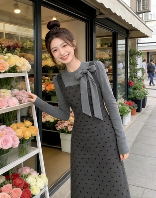小慧小码XS码小个子显高假两件裙蝴蝶结波点连衣裙女高腰显瘦裙