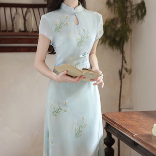 小慧姑娘xxs码小个子云间月复古旗袍显高印花收腰显身材连衣裙