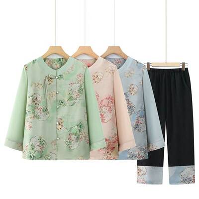 官方国风奶奶夏装长袖衬衫套装中老年人女妈妈新款两件套老太太衣