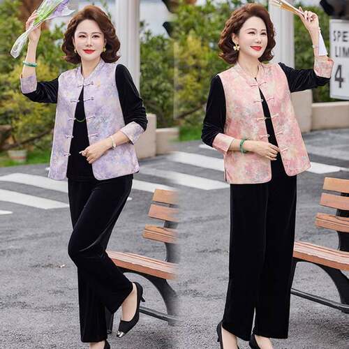 官方新中式三件套妈妈装春款国风马甲中老年人女装春秋洋气显瘦套