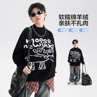 官方男大童装卡通黑色半高领毛衣2025新款儿童装加厚宽松针织上衣