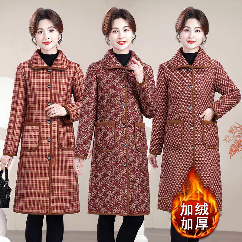 官方妈妈洋气碎花居家中长款棉服中老年新款季加绒加厚款保暖棉衣