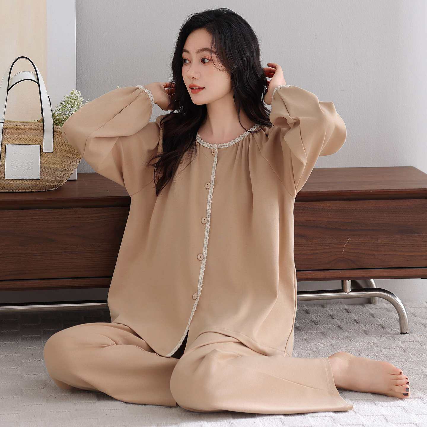 官方睡衣大码女胖mm春秋款纯棉长袖开衫女士家居服冬季素雅可外穿