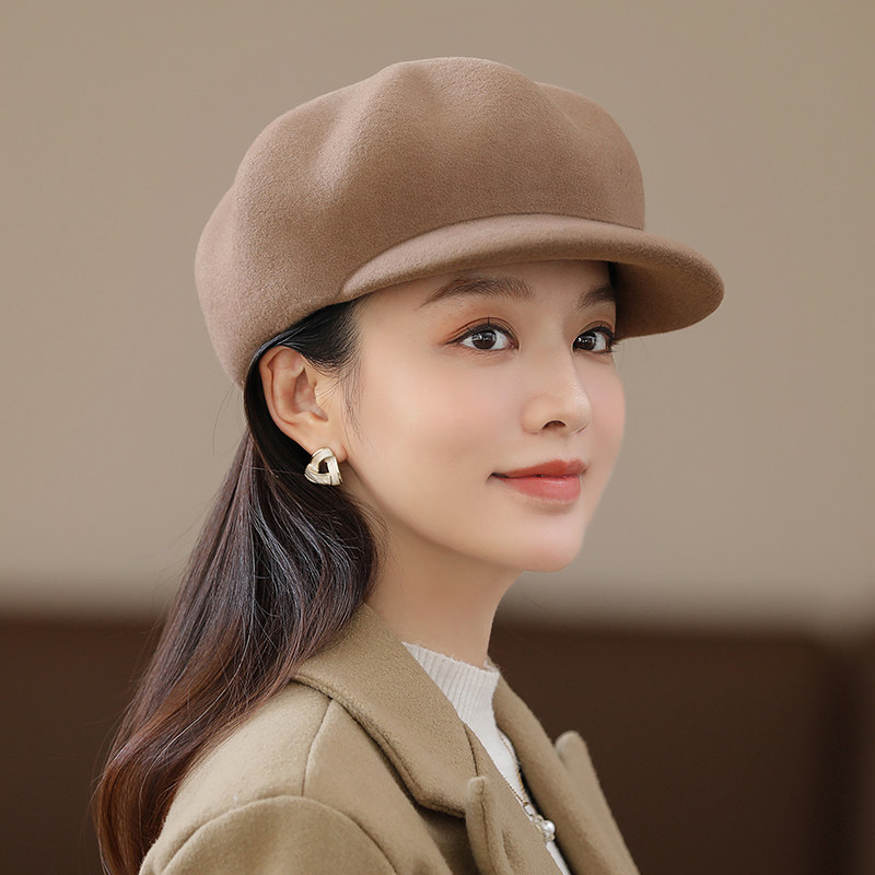 羊毛贝雷帽女士帽子2026新款时尚春秋冬季鸭舌冒子蓓蕾礼帽八角帽