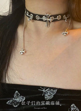 甜酷辣妹黑色PU皮质十字架链条流苏项圈暗黑系时髦个性项链颈链潮