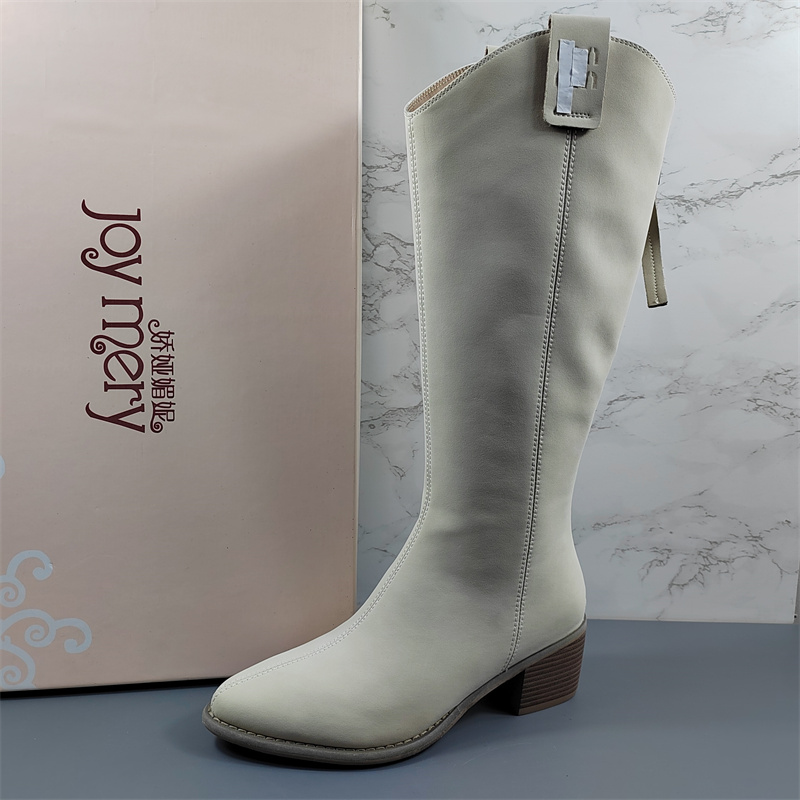 尖头V口高筒靴粗跟不过膝长靴