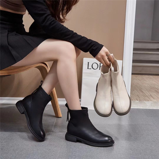 品牌女鞋冬瘦瘦靴秀气时尚单靴平跟洋气欧美后拉链韩版裸靴短靴女