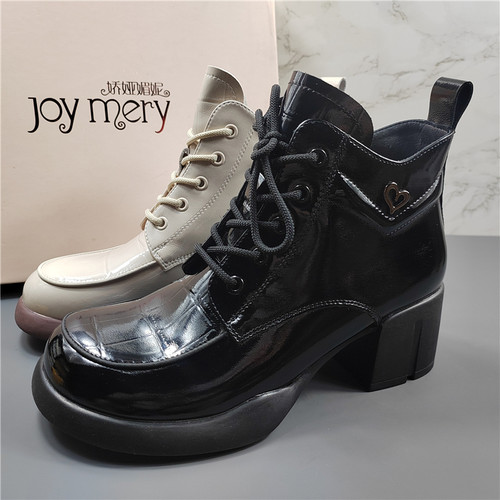 专柜正品牛漆皮粗跟英伦风马丁靴