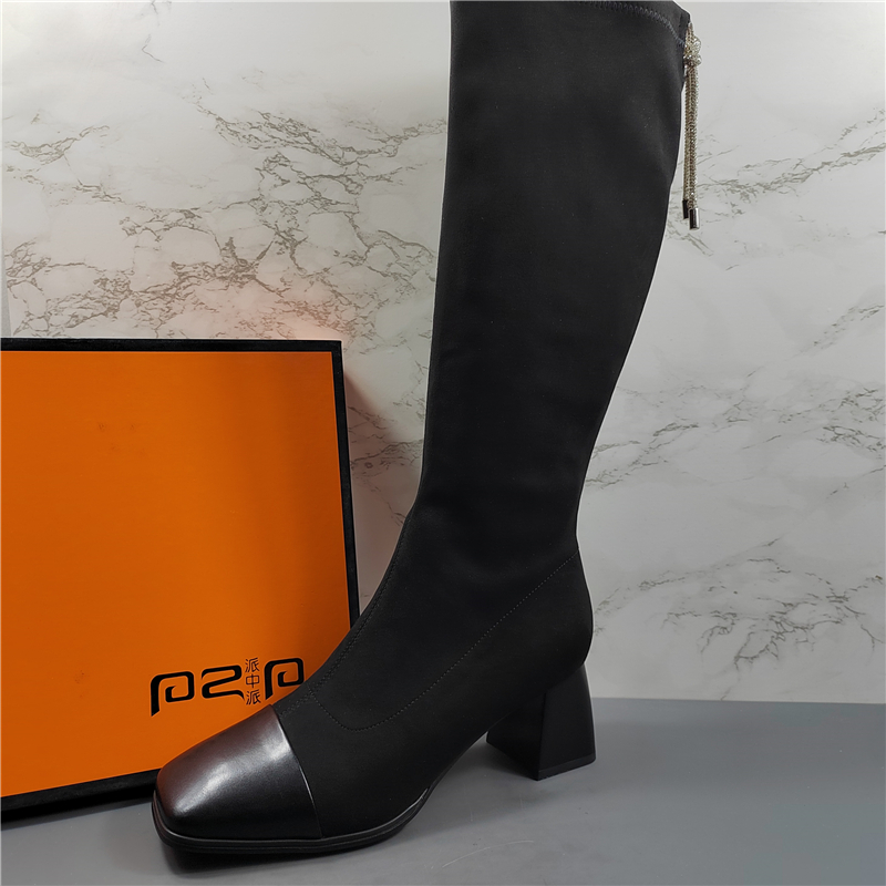 专柜正品真皮粗跟弹力瘦瘦靴长靴