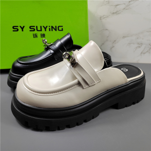 厚底圆头懒人穆勒鞋 女2025春夏新款 潮 真皮包头半拖鞋 品牌折扣断码