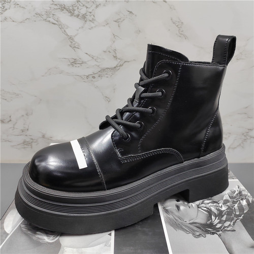 头层牛皮厚底加绒系带短筒马丁靴