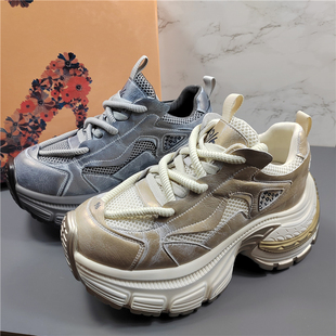 潮 厚底增高显脚小轻便透气休闲运动鞋 欧洲站真皮老爹鞋 女2025新款