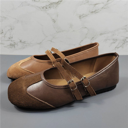 品牌女鞋真皮拼接低跟玛丽珍鞋女