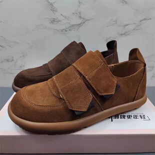 品牌女鞋磨砂牛皮勃肯鞋女2026新款复古百搭真皮乐福鞋魔术贴单鞋