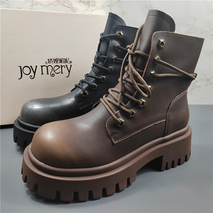 专柜正品 英伦风复古机车单靴短靴潮 头层牛皮厚底马丁靴女2025新款