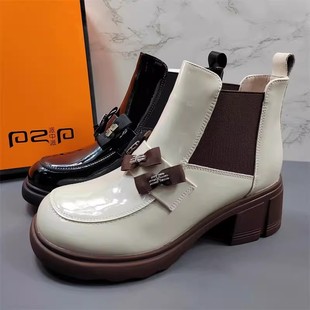 品牌女鞋漆皮马丁靴女2025年冬季新款英伦风短靴粗跟水钻切尔西靴