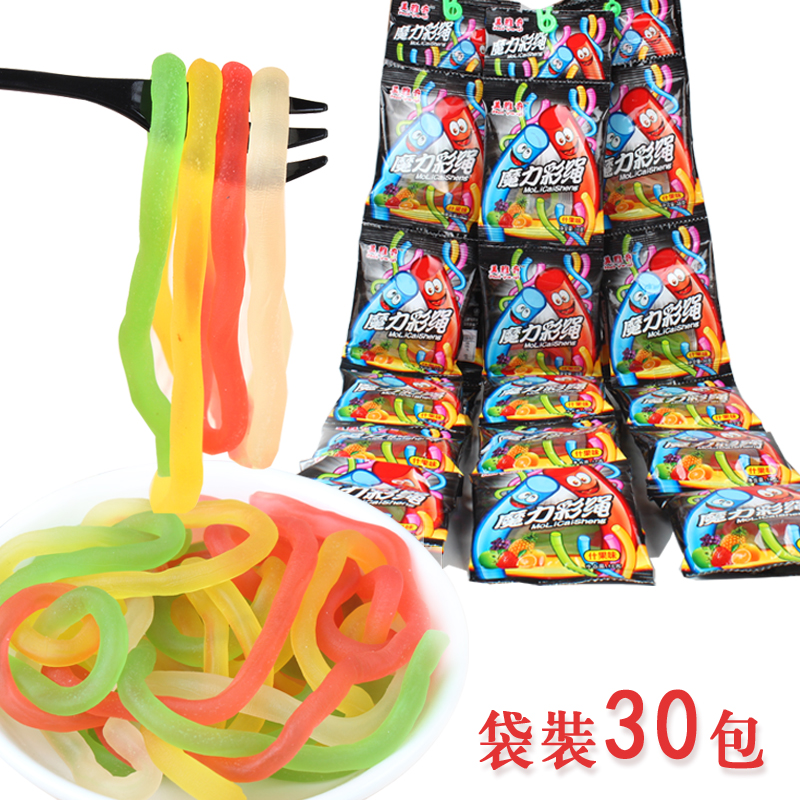 美雅奇魔力彩绳橡皮果汁软糖果胶q弹软糖小孩休闲零食超市30包批