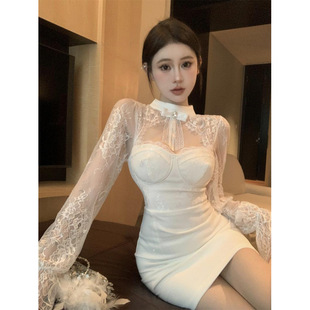 显瘦水钻镂空v领抹胸包臀连衣裙女秋季 高冷御姐立领蕾丝修身