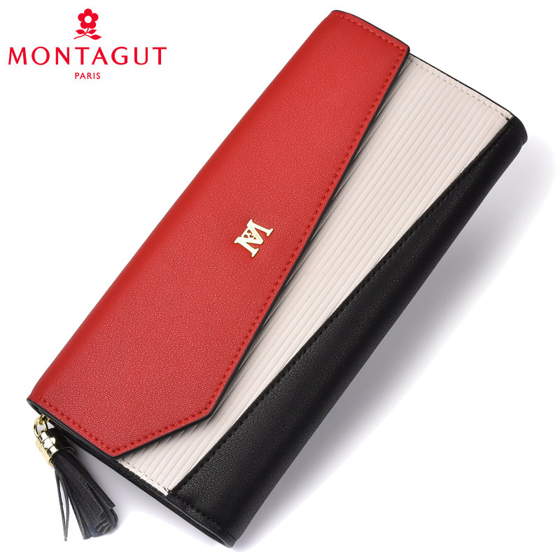 梦特娇钱包女真皮新款长款钱夹拼色手拿包多卡位百搭女士钱包礼盒