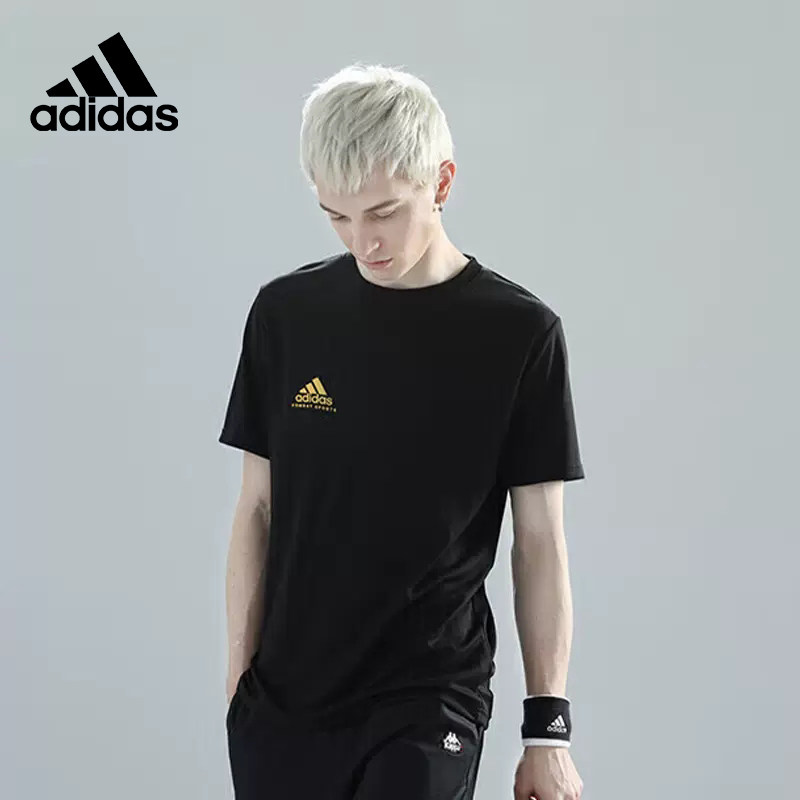 adidas阿迪达斯短袖 2024夏季透气宽松休闲运动上衣男士黑色棉t恤