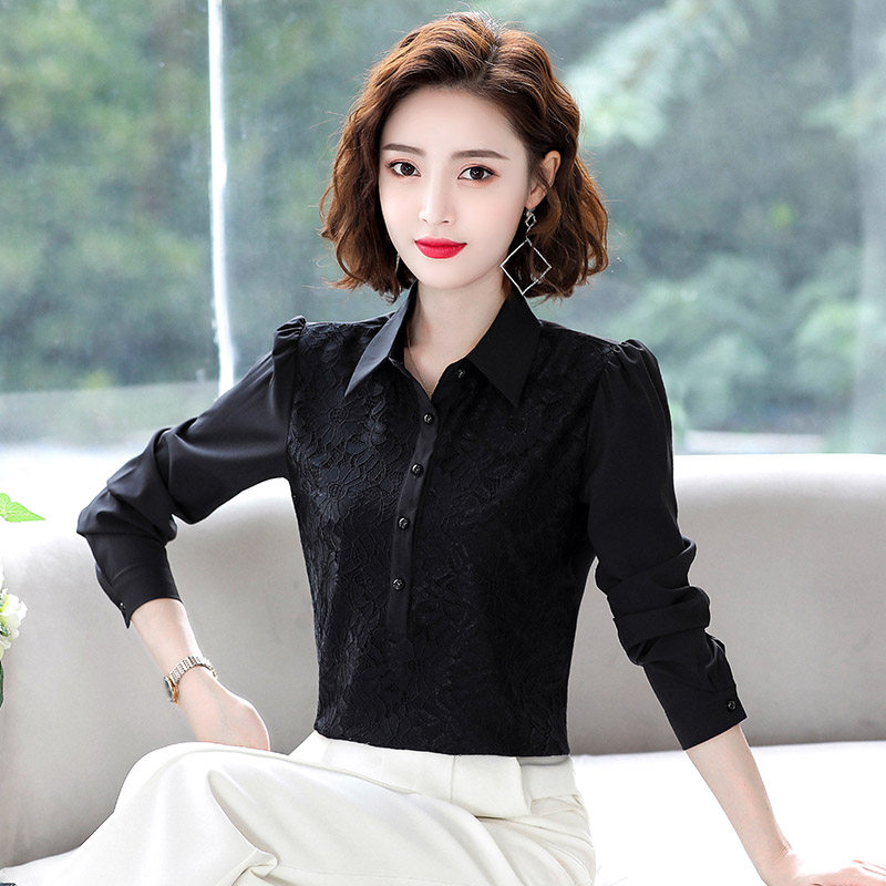 黑色长袖衬衫2026春秋新款大码显瘦蕾丝衫女上衣加绒加厚打底衬衣