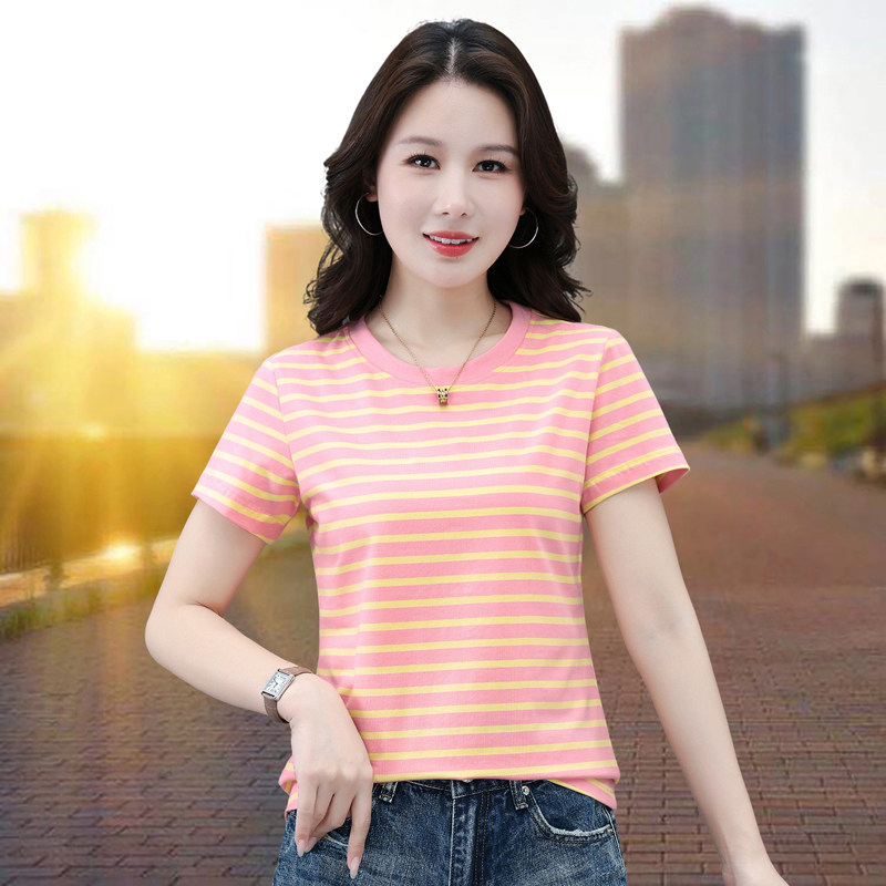 【官方品牌】时尚圆领条纹短袖t恤女士夏季2026新款休闲显瘦体恤