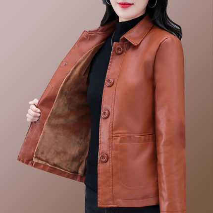 短款皮衣外套女秋冬2024年新款时尚加绒加厚保暖显瘦妈妈保暖上衣