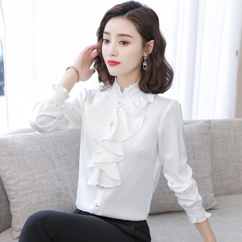 长袖立领雪纺衬衫女2025春秋加绒加厚新款职业装荷叶边上衣打底衫