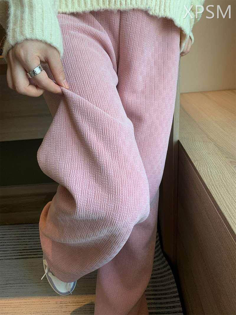 雪尼尔裤子女秋冬2023年新款宽松高腰垂感加厚绒粉色灯芯绒阔腿裤
