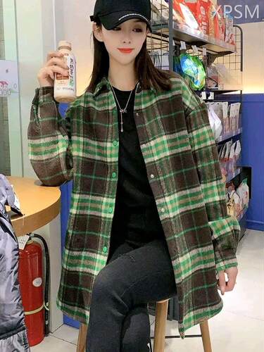 磨毛加绒加厚格子衬衫外套女2023年秋冬新款女装韩版宽松复古衬衣
