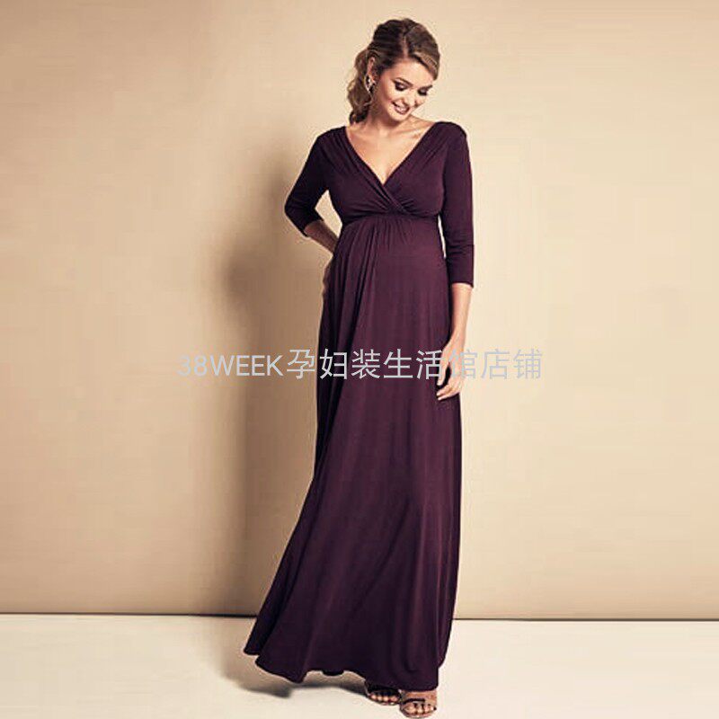 孕妇装夏装新款时尚外出高级感红色连衣裙长款欧美V领中袖晚礼服