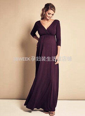 孕妇装夏装新款时尚外出高级感红色连衣裙长款欧美V领中袖晚礼服