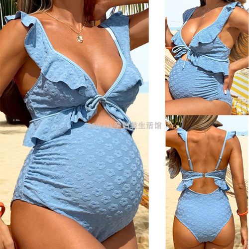 孕妇泳衣V领沙滩孕期度假游泳衣