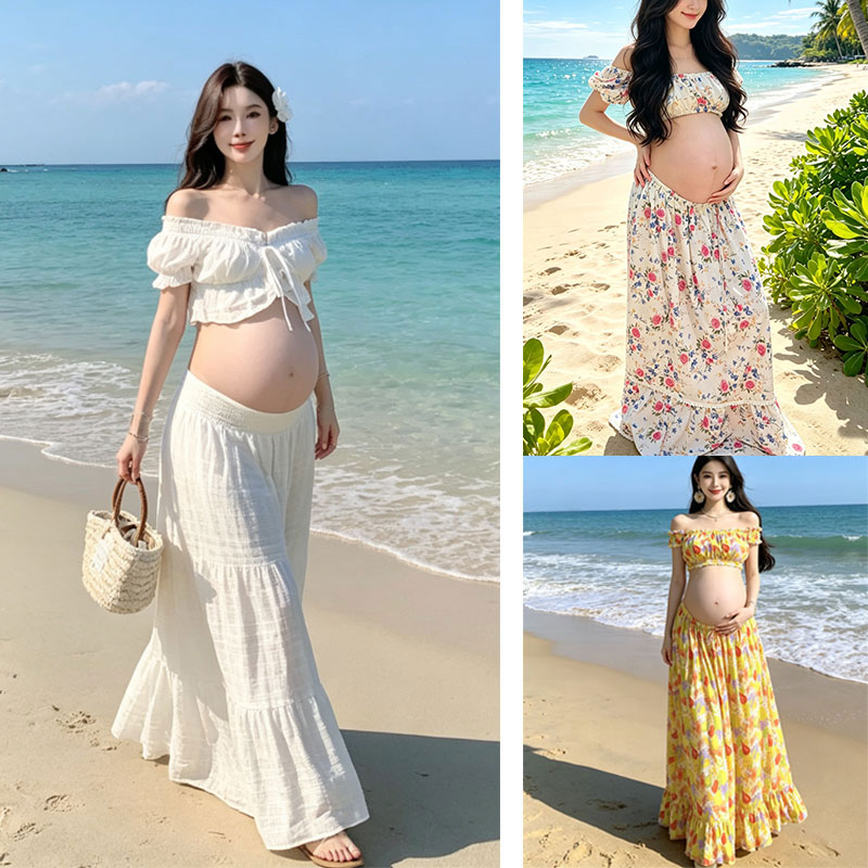 孕妇海边度假长裙写真抹胸半身裙