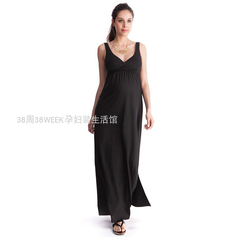 孕妇夏天长裙新款 欧美气质长款连衣裙V领性感吊带背心小黑裙礼服