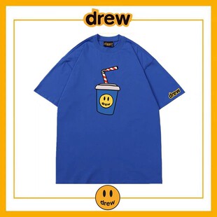 Drew笑脸可乐趣味短袖t恤贾斯汀比伯ins网红潮流宽松情侣纯棉上衣