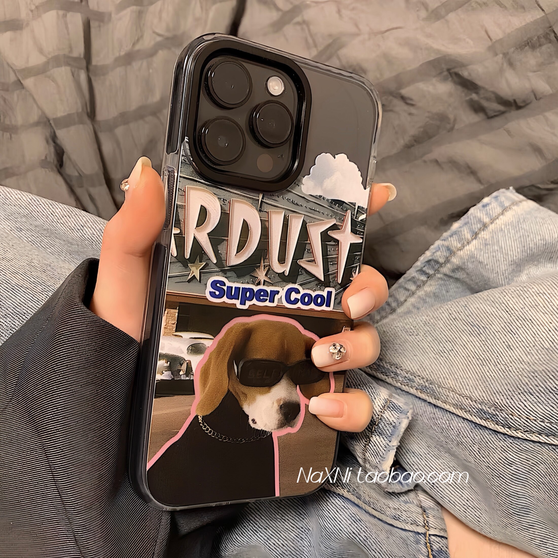 美式复古搞怪墨镜猫狗适用iPhone16proMax手机壳苹果14情侣透明13黑色边框15Pro保护套xr/11大孔硅胶软壳