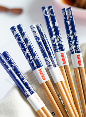 新款中式蓝色系创意礼品一人一双竹筷高档家用筷子 防滑防霉5双装