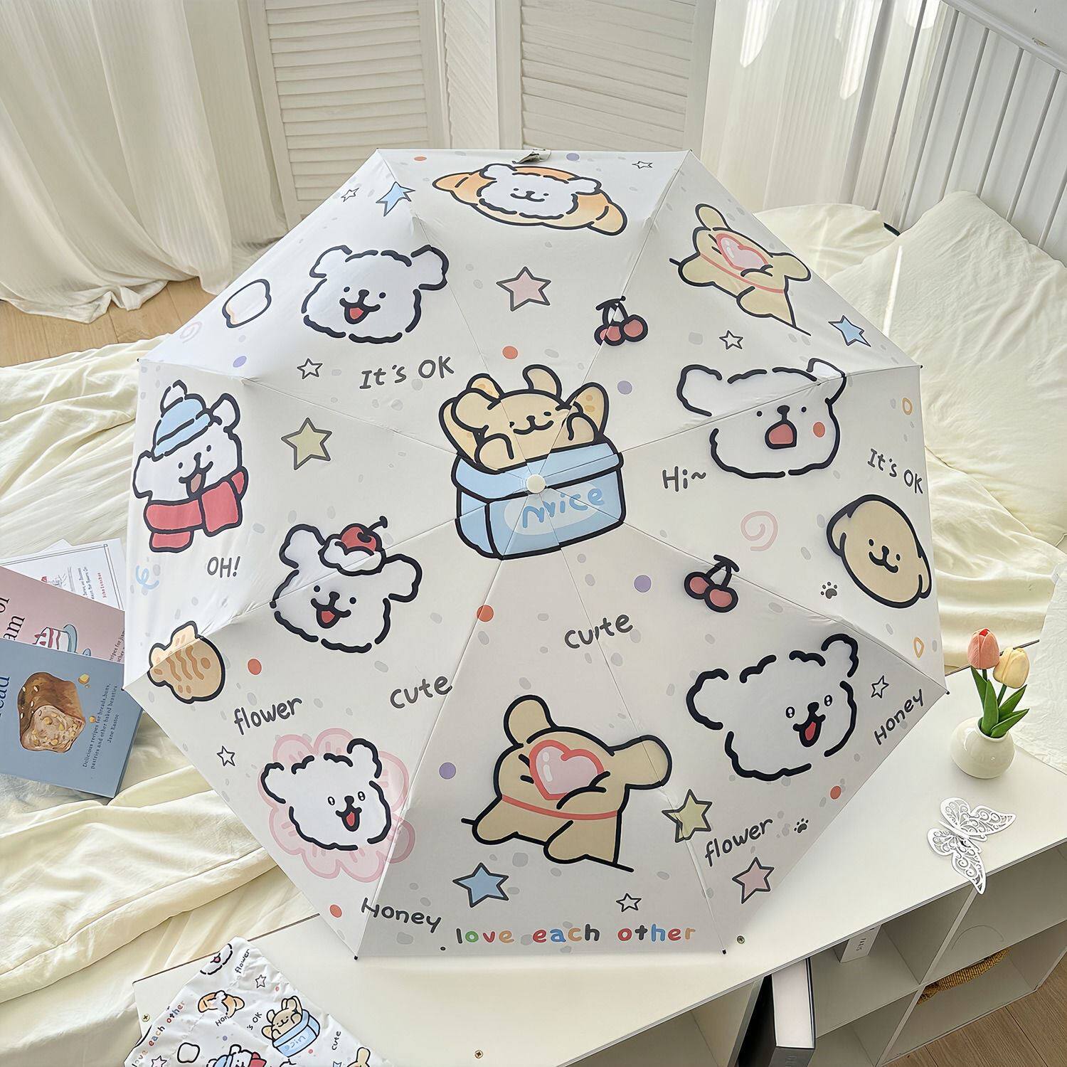 线条小狗全自动雨伞女晴雨两用折叠防晒紫外线遮阳可爱黑胶太阳伞