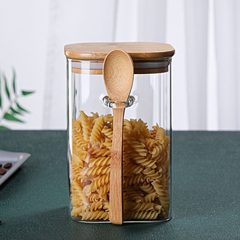 日式透明四方带勺白糖茶叶密封储物杂粮收纳罐咖啡玻璃密封罐家用