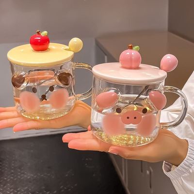 高颜值玻璃杯带盖家用女创意可爱杯子办公室耐高温喝水杯子带把手