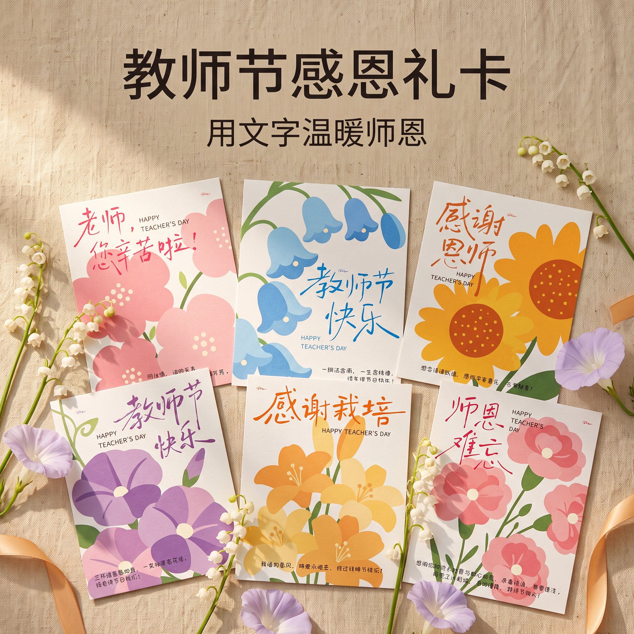 小清新鲜花教师节贺卡师恩难忘感恩寄语学生送礼手写装饰留言卡片图片