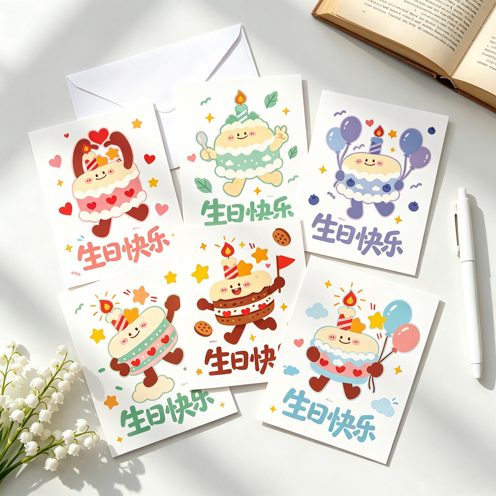 治愈卡通蛋糕生日卡片可爱蛋糕图案花店花束搭配贺卡生日送礼卡片
