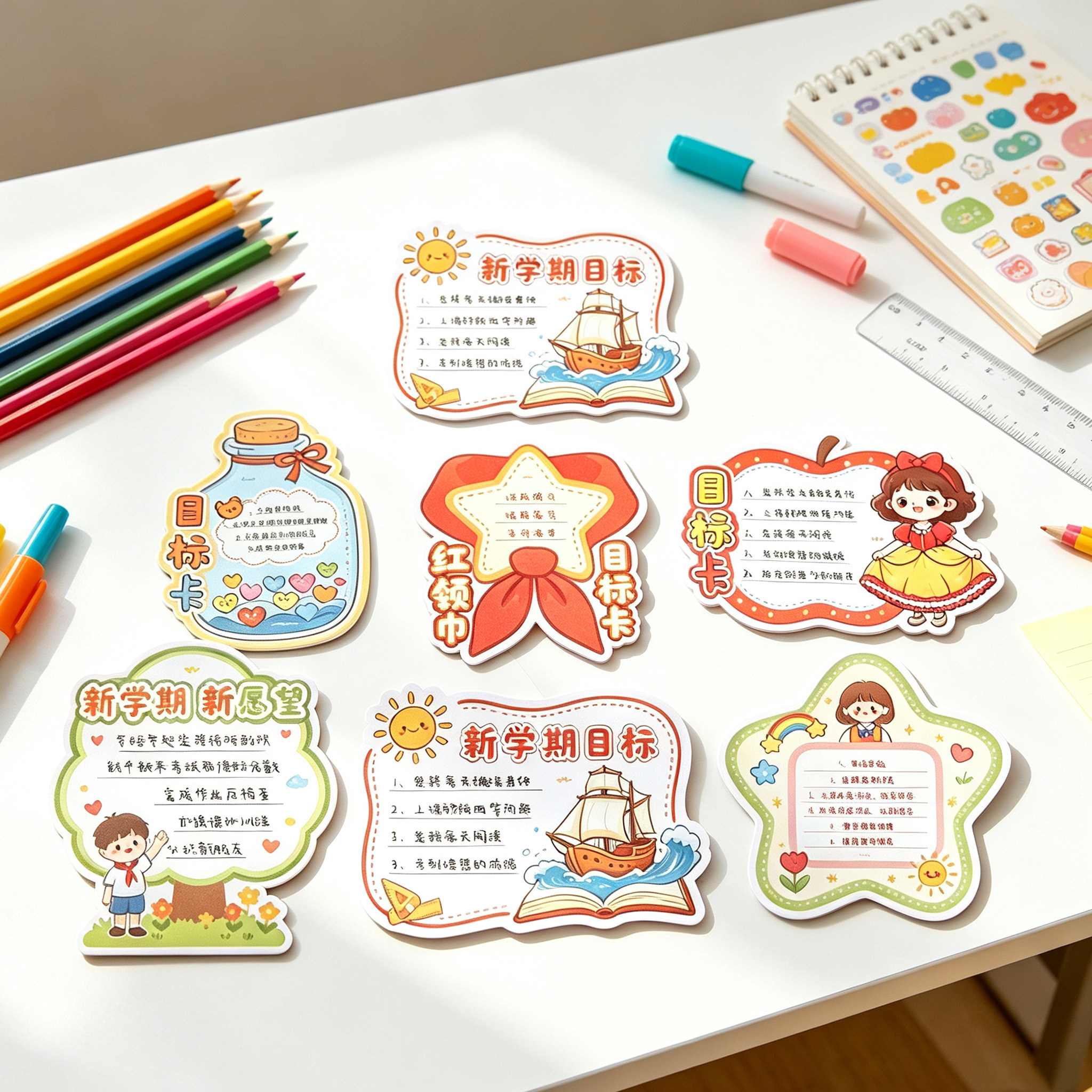 童趣异型开学许愿卡片新学期新愿望主题学生手写学习计划班级卡片