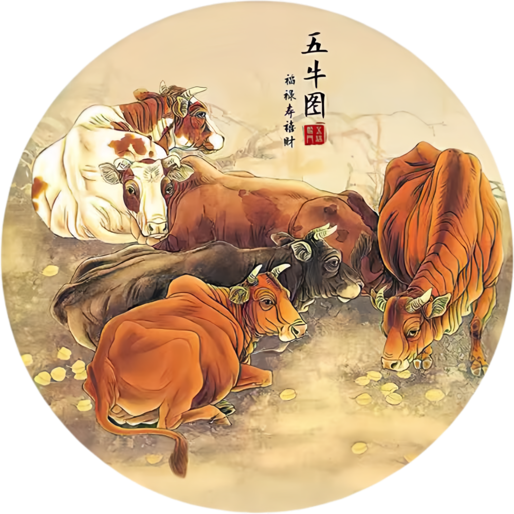 新中式圆形五牛图扭转乾坤装饰贴画客厅卧室办公室墙面贴饰防水图片