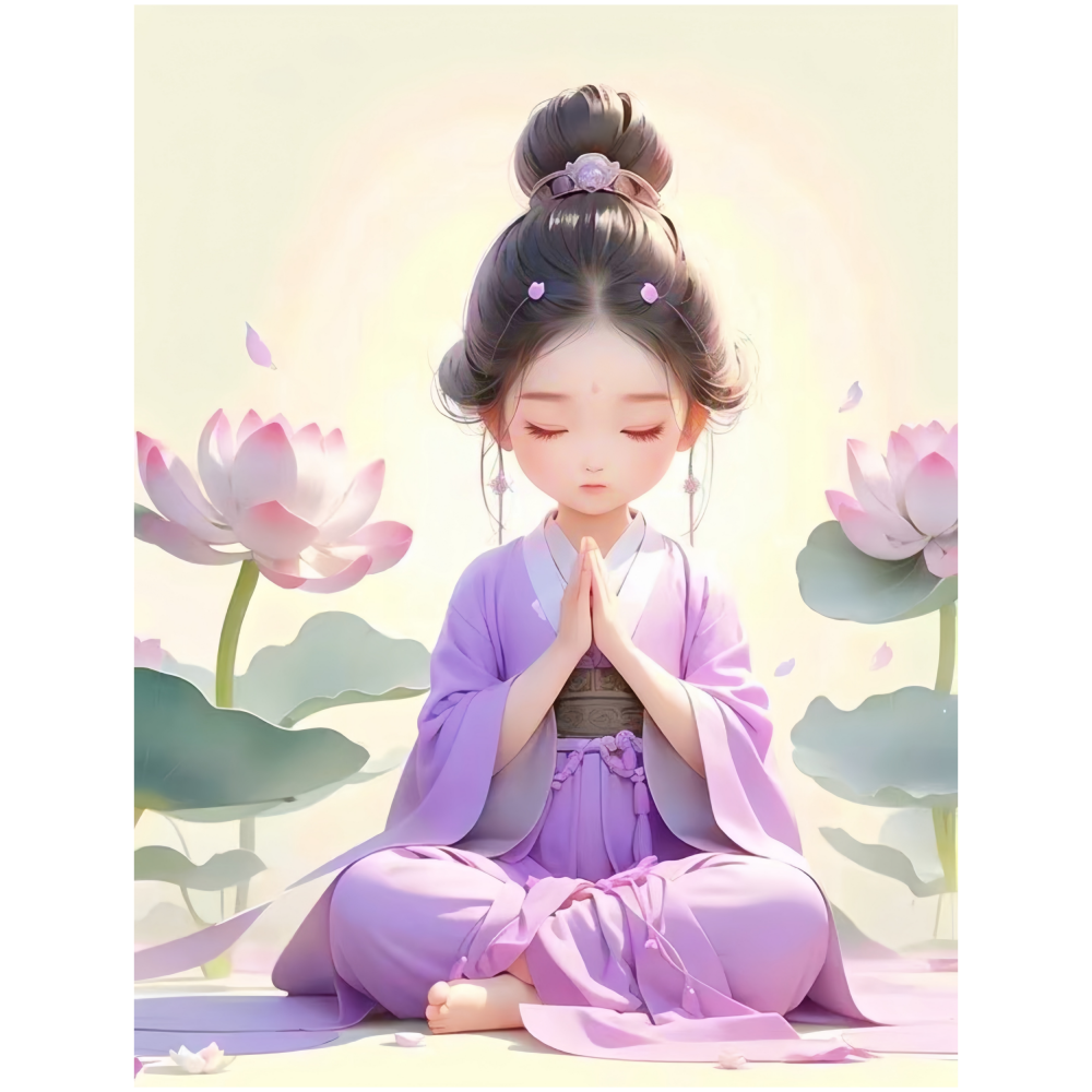 禅意卡通荷花小女孩贴纸客厅卧室室内墙面装饰自粘贴画防水图片