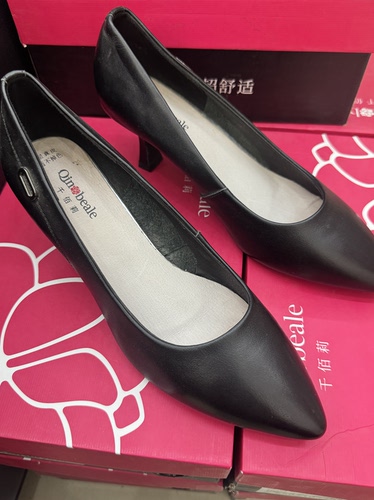 千佰莉新款断码处理真皮软底舒适中跟单鞋黑色低跟女士工作鞋防滑