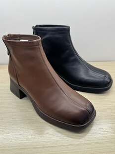 女短靴显瘦中跟女单靴 时装 千佰莉断码 处理羊皮真皮方头百搭女鞋