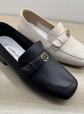 千佰莉断码2025新款牛皮粗跟方跟矮跟黑色皮鞋妈妈鞋乐福鞋单鞋